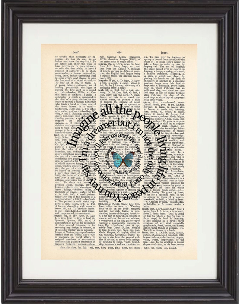 Imagine, Song Lyric, Spiral, Music, Art Print, John Lennon, The Beatles, Book Page,Typography