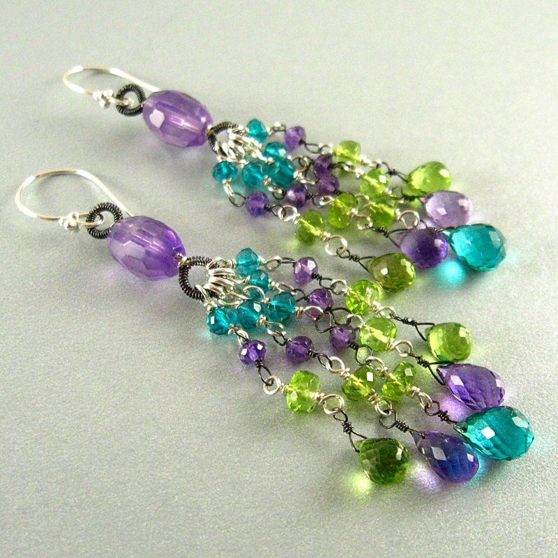 Mixed Metal Amethyst, Peridot and Quartz Dangle Earrings