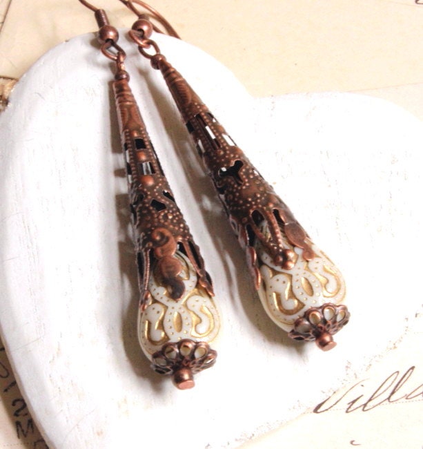 White wedding earrings Ivory gold brides jewelry Clip On Earrings copper cone victorian vintage goth wedding THREE for TWO E29