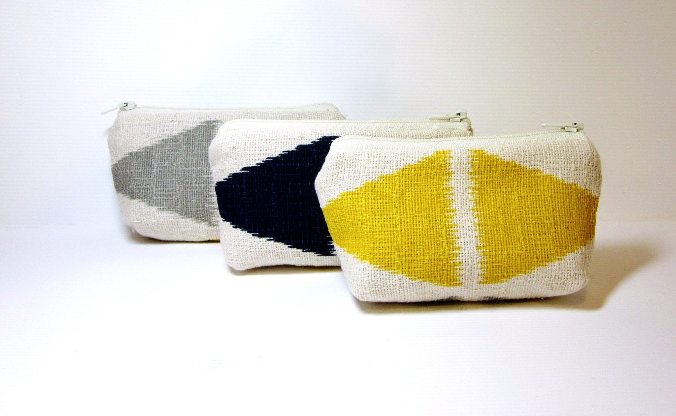 Cotton Zipper Small Pouch Set Change Purse Bridesmaids Gifts - Diamonds in Yellow, Blue and Grey