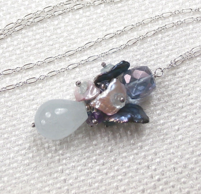 Blue Aquamarine Necklace Keishi Pearl Cluster Sterling Silver Wire Wrapped Blue Gemstone Pendant Necklace - Audrey