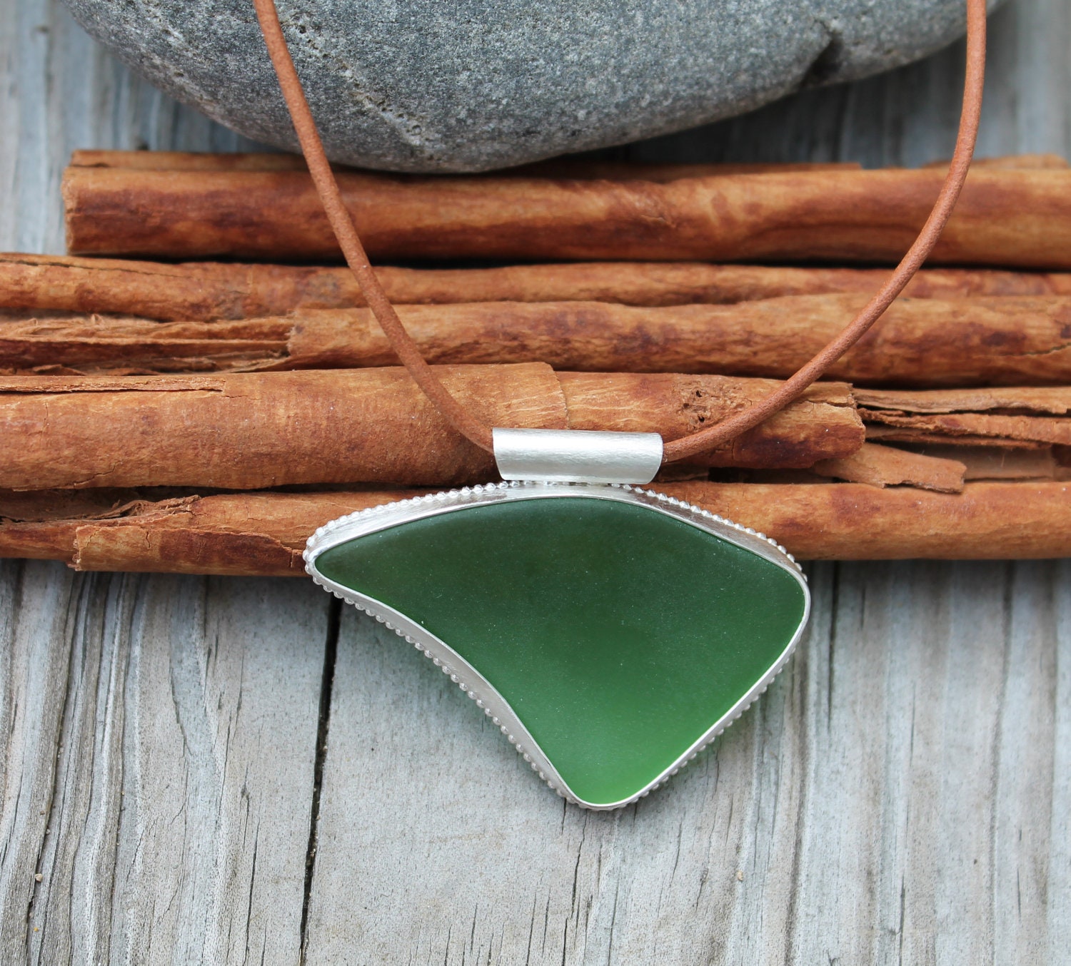 Sea Glass Necklace. Green Glass. Abstract shape. Sterling silver bezel set pendant. Leather necklace. Big Handmade jewelry. OOAK. - KittyStoykovich