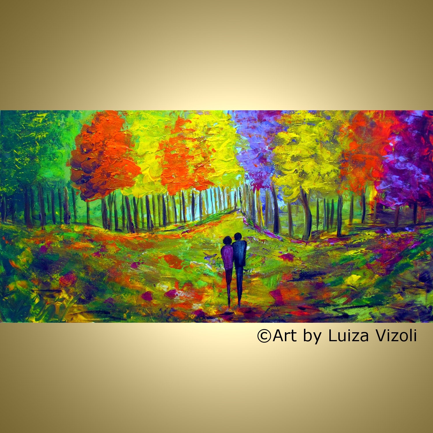 Original Modern Abstract Fall Colorful Park Landscape Romance Palette Impasto Oil Painting Wall Decor by Luiza Vizoli