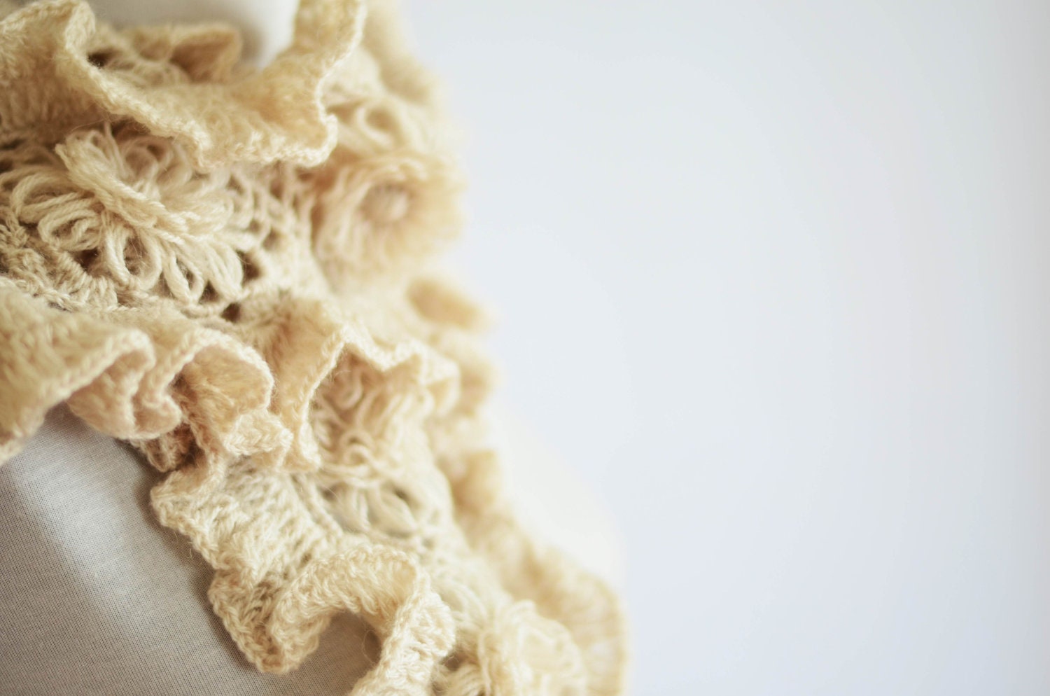 Ecru Crochet Ruffle Scarves - Vitamin Scarf - Wool Blend Scarf - Gifts For Best Friends