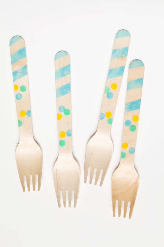 20 Wooden Utensils - Stripes And Polka Dots Boy Colors - Perfect Alternative To Plastic Utensils For Parties Il_570xn