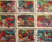 Original Fish Abstract art Painting colorful set  fish art landscape contemporary modern green yellow red gray black acrylic ink art