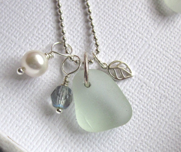 Seafoam Seaglass Leaf Necklace: Beach Wedding Jewelry