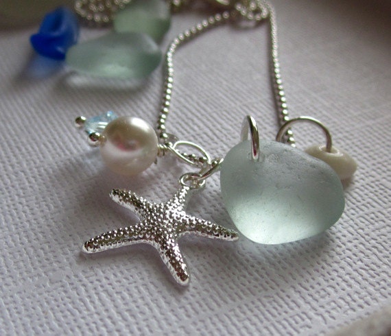 Seafoam Seaglass Starfish  Necklace