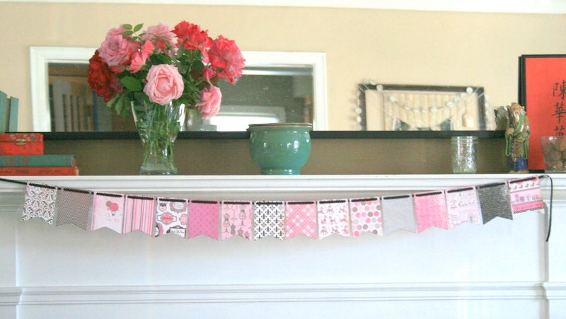 Shabby Chic Pennant Banner - Paris Chic Boutique - Black Pink Gray and Cream - Party Event Home Decor Wedding Decoration Photo Prop