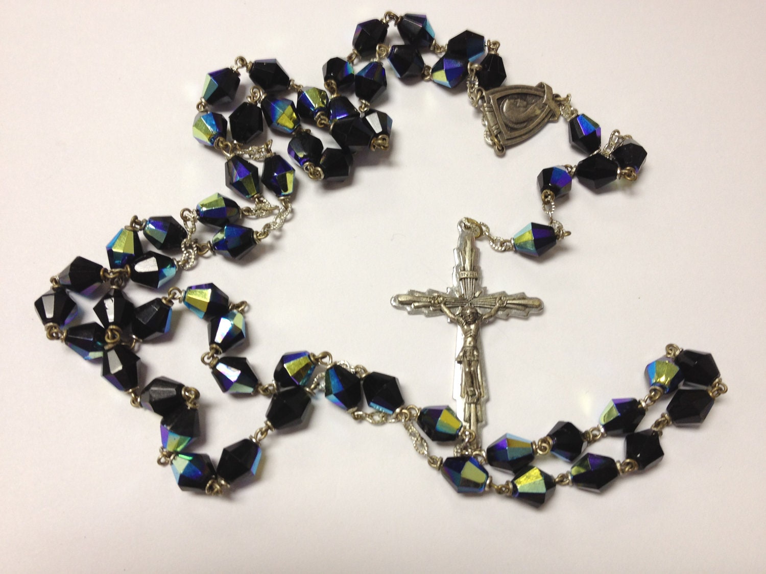 SALE gorgeous vintage aurora borealis black glass bead rosary circa 60s