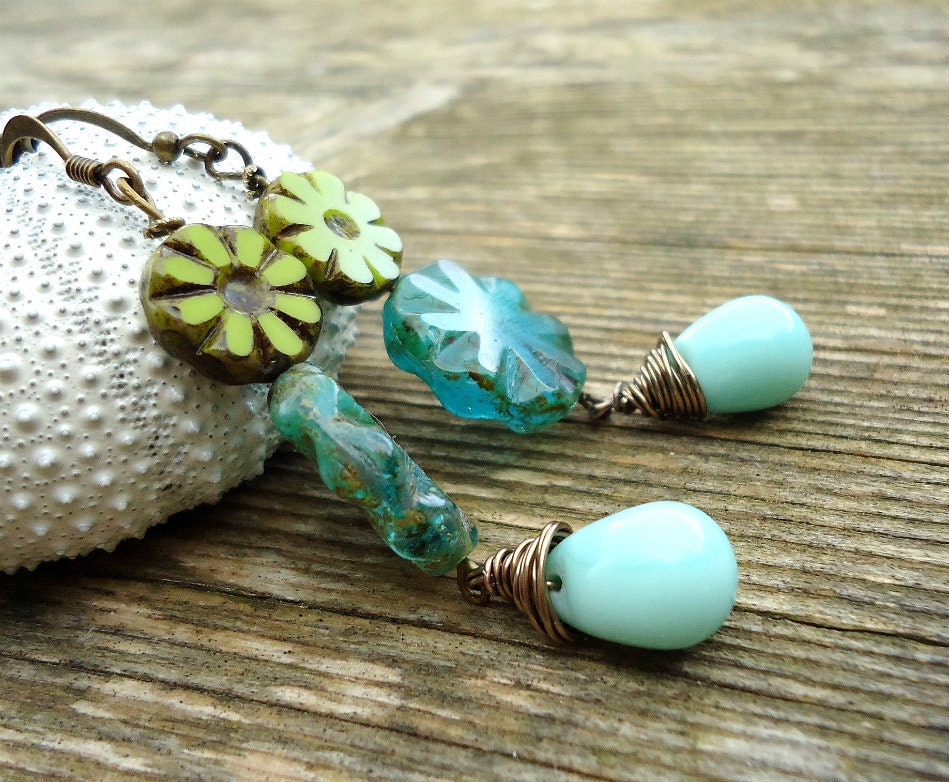 Long, Dangle, Aqua Earrings, Green, Turquoise, Beadwork, Hippie, Bohemian Earrings, Flower Motif,Copper Earrings, Wire Wrapped, Handmade