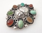 Exceptional Antique Sterling Brooch with Real Stone Scarabs