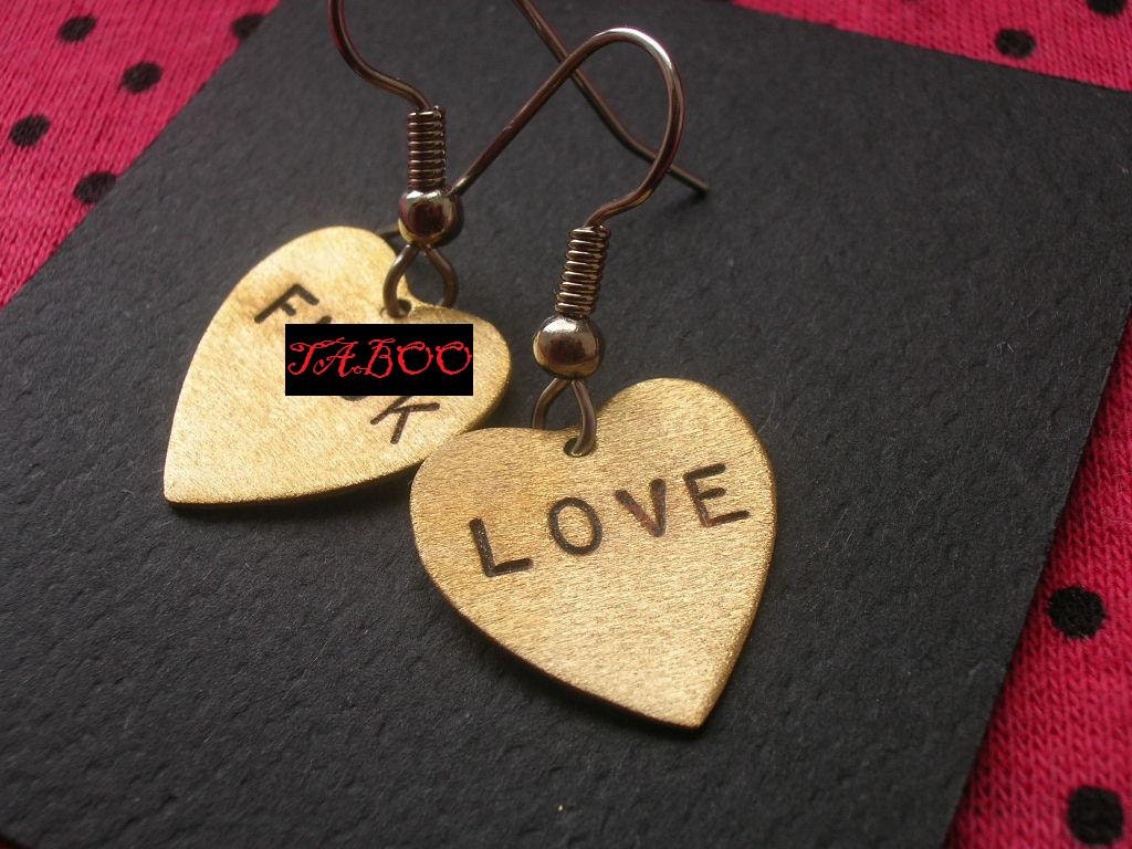 F .CK LOVE--Hand Stamped Brass Heart Earrings, Heart Charm Earrings, Fuck Love, Anti Valentines Day, Metal Taboo, Mature