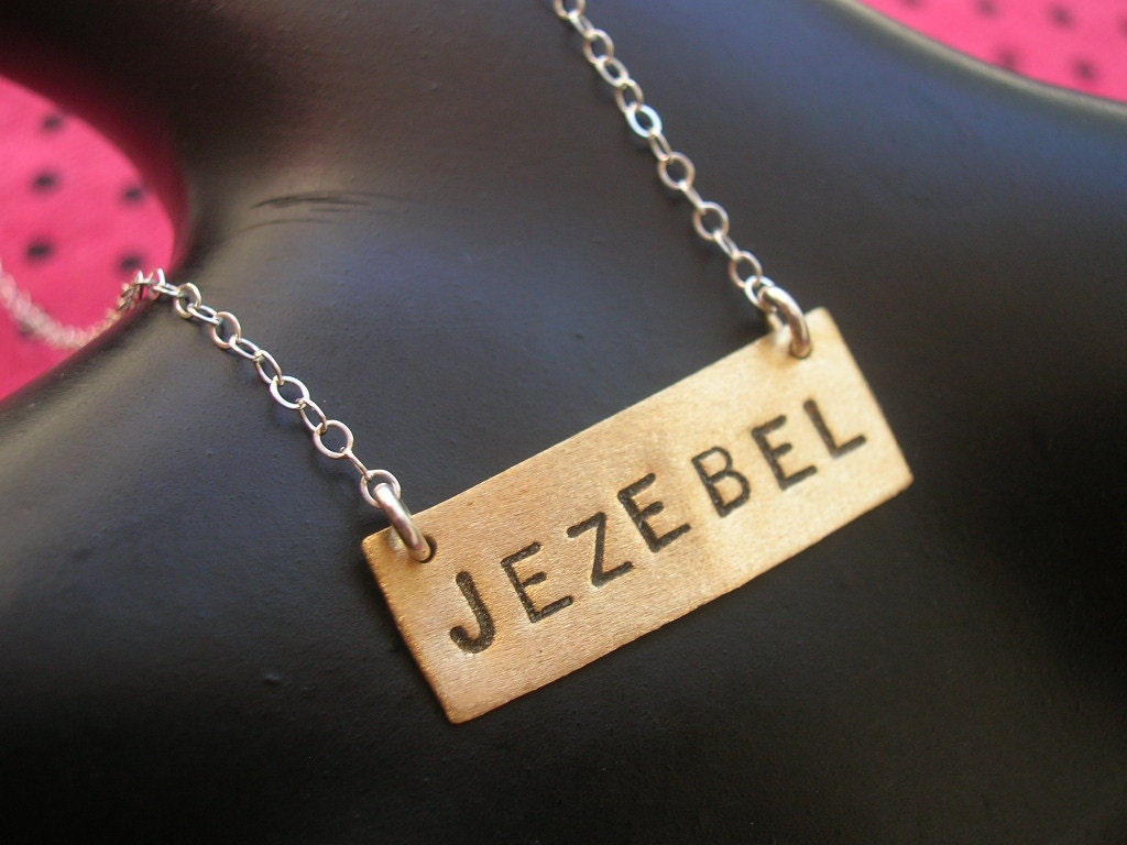 JEZEBEL--Brass Rectangle, Small Charm, Small Square Charm, Rectangle Necklace, Bible, Cunt, Slut, Whore