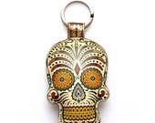 Special Edition Leather keychain / key ring / bag charm - Sugar skull design