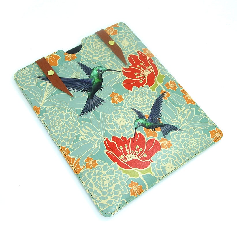 Leather iPad case - Hummingbirds in floral bliss
