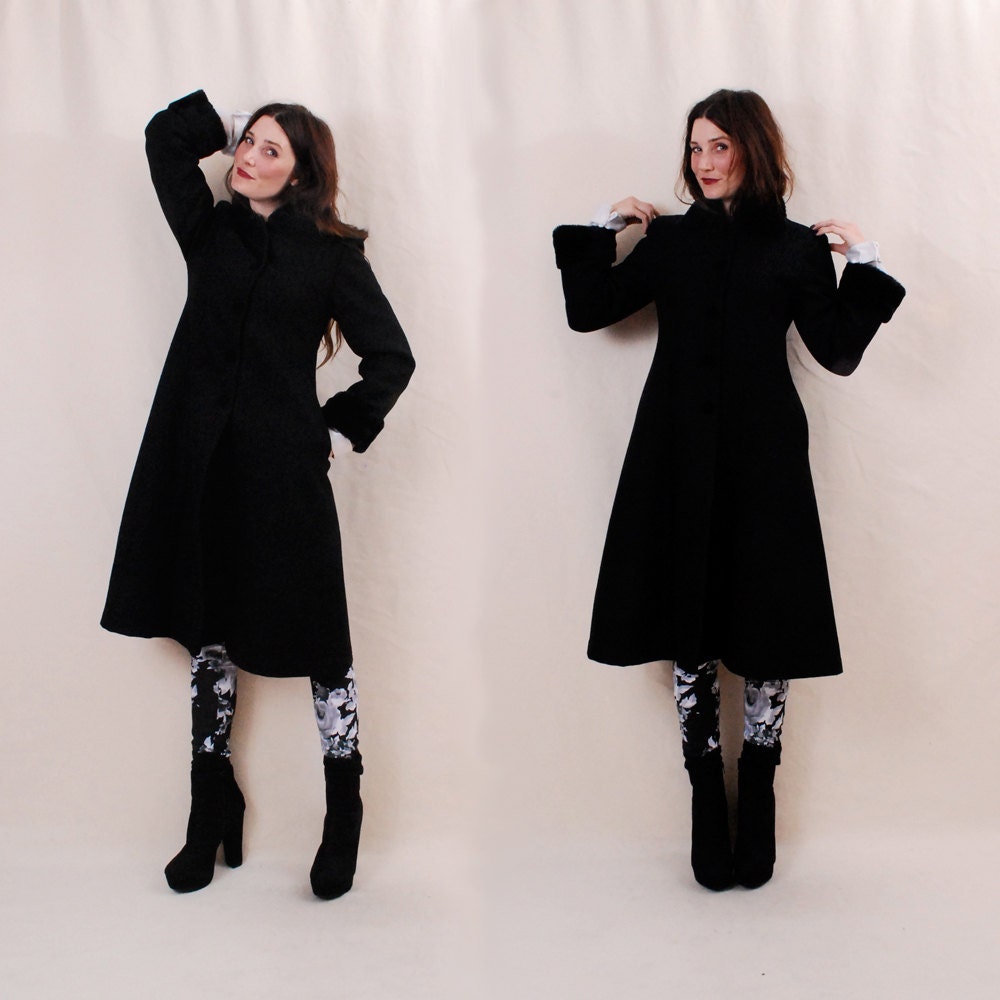 Vintage BLACK Wool Coat  s/m  - winter coat, faux fur coat, pea coat, trench coat, fitted princess coat   - FREE Worldwide Shipping