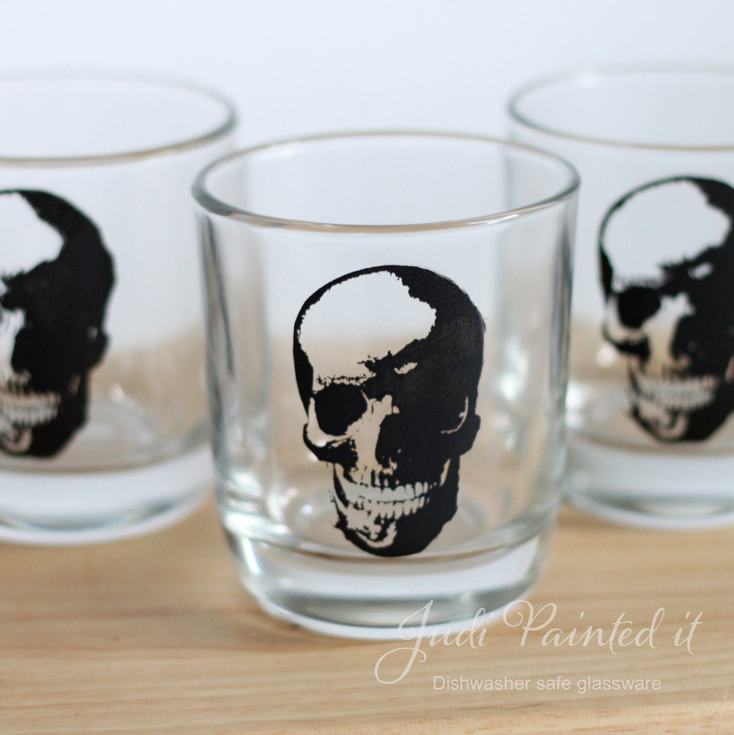Skull, heavy rocks glass silhouette that is hand painted, dishwasher safe and FREE personalization
