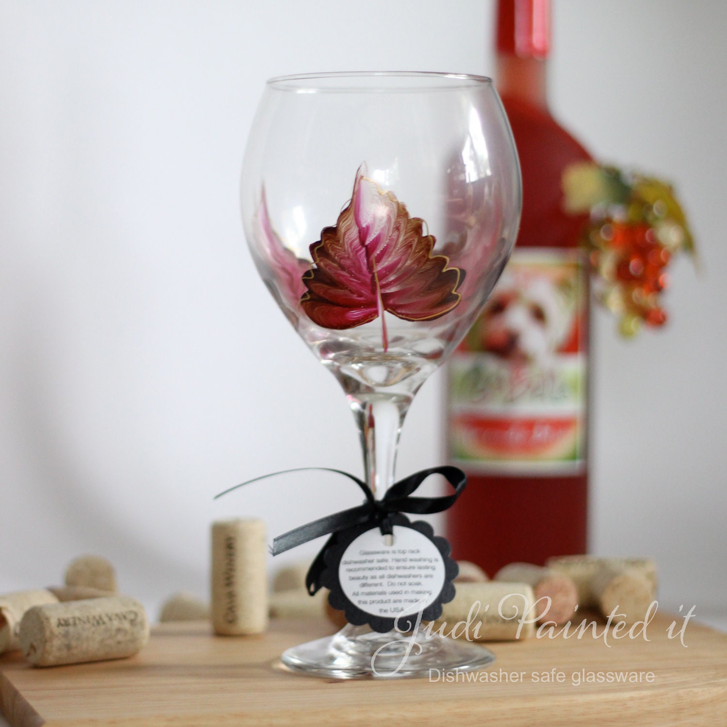 Autumn leaves hand painted wine glass in engine red. FREE personalization ad dishwasher safe. - JudiPaintedit