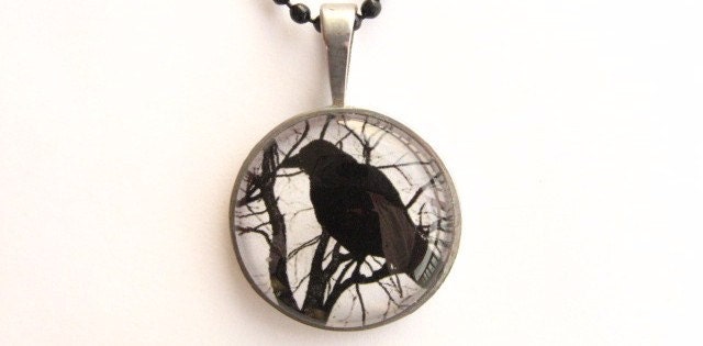 NEW Crow /Raven Silhouette in Bare Trees Glass Pendant in Silver Bezel