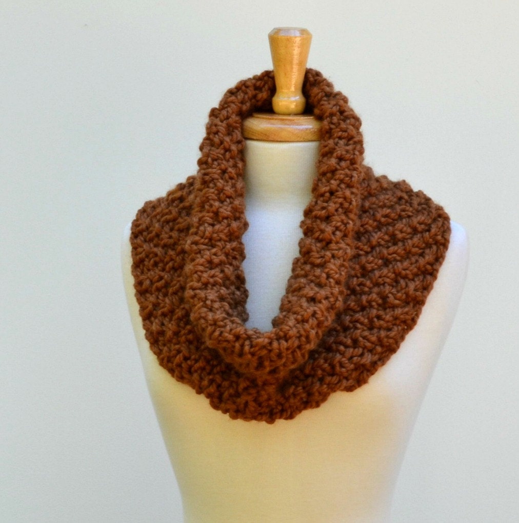 Brown Chunky Cowl, Knitted Loop Scarf, Hazelnut Acrylic Scarf