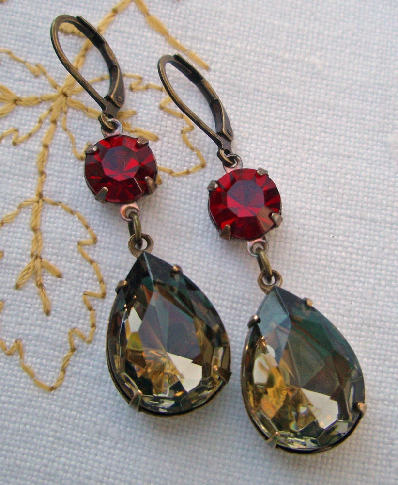 Angelina Jolie Inspired Earrings Titanium Black Diamond Grey Gray Garnet Red Jewelry Vintage Clear Rhinestone Old Hollywood  ANGELINA MERLO