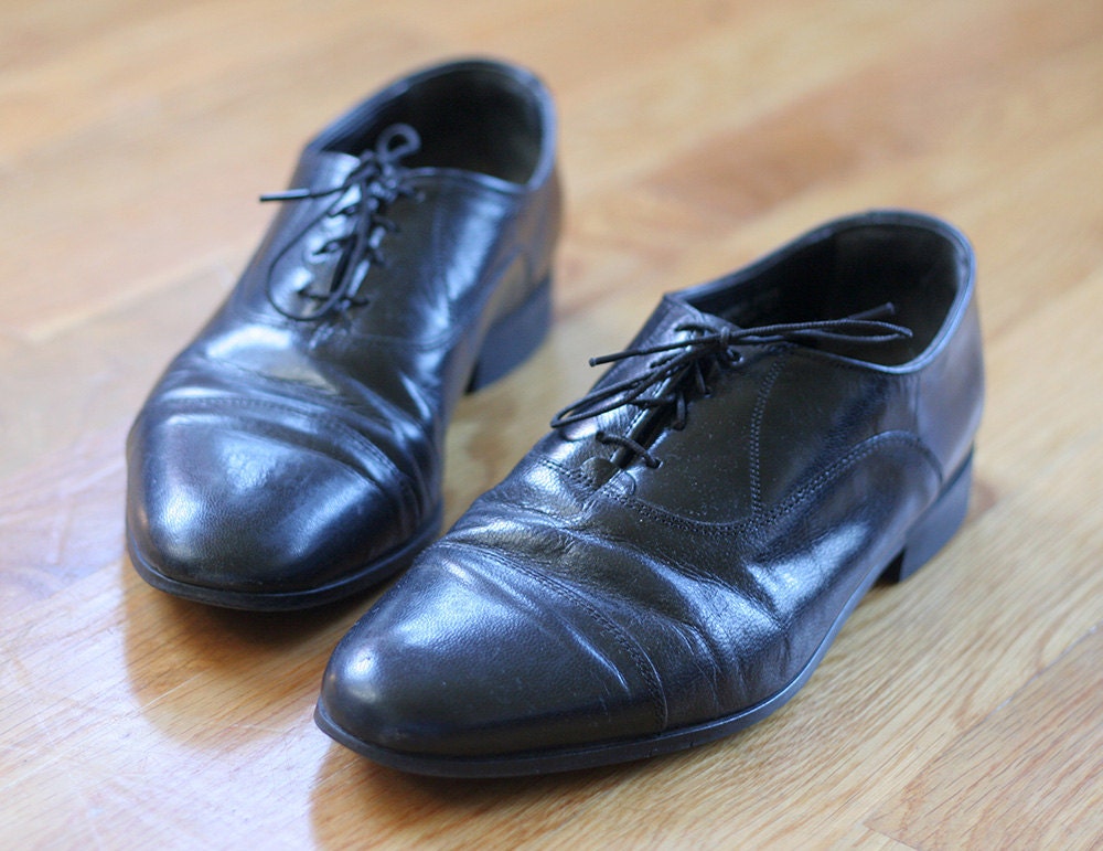 Black Leather Lace Up Oxford Flats Shoes 8.5 9 Vintage 80s