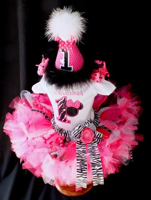 6 Piece FABULOUS Minnie Mouse Hot Pink, Zebra Birthday Petti Tutu Set...Tutu, Top, Birthday Hat, Bow, Bloomers & Leg Warmers....3m-24m