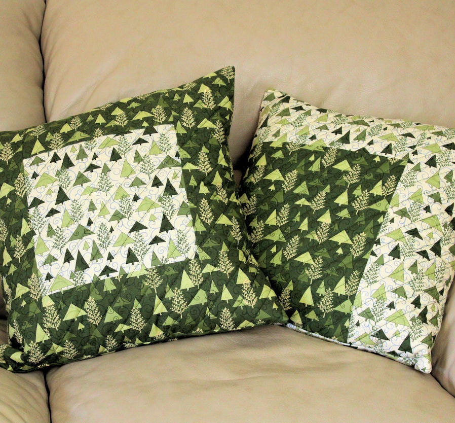 Two Quilted Throw Pillows 16 inch Pine Trees by QuiltSewPieceful
