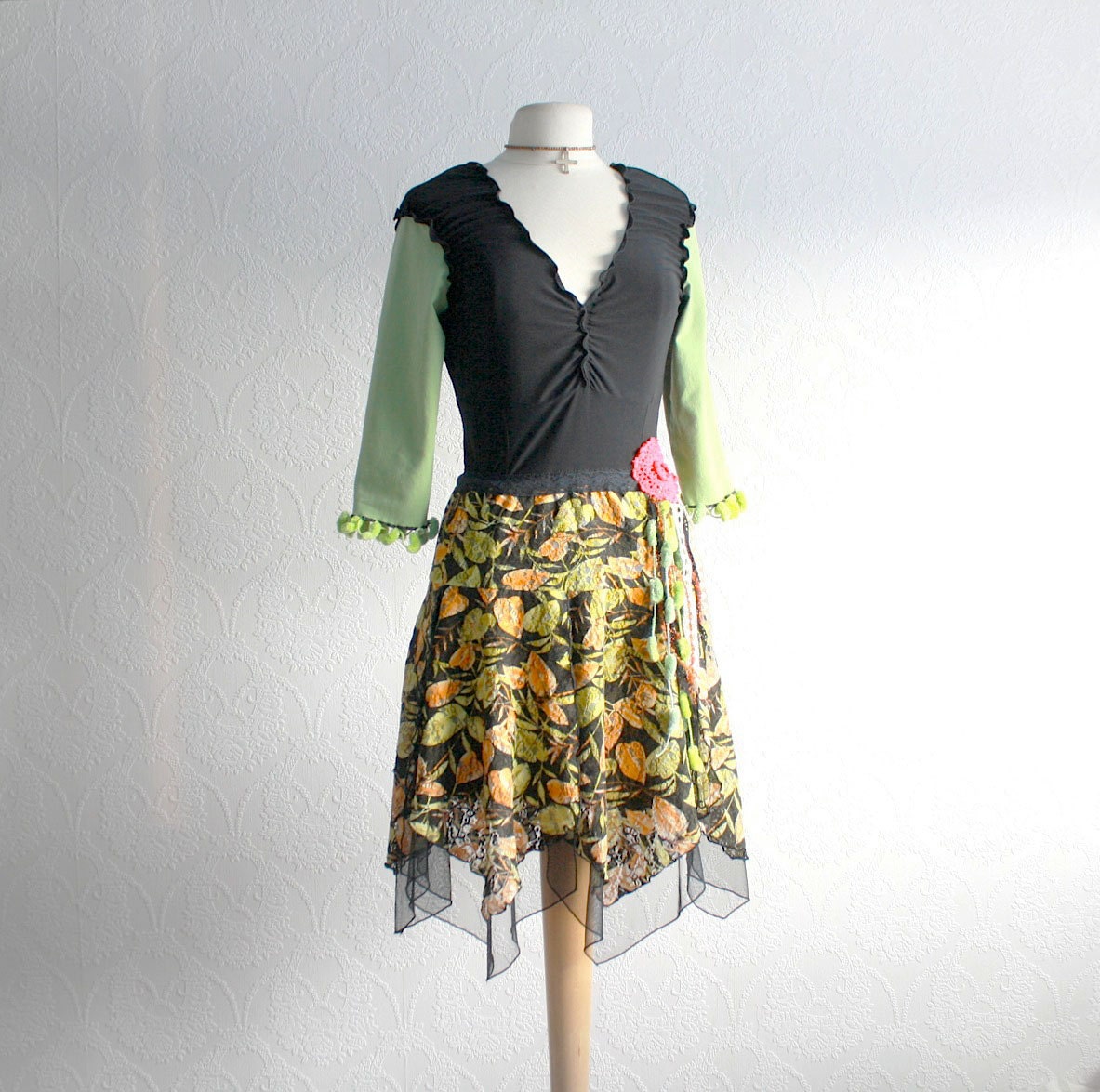 Black Boho Dress Upcycled Clothing Green Fringe Orange Floral Print Gypsy Clothes Women's Eco Fashion Small Medium 'HANNA'