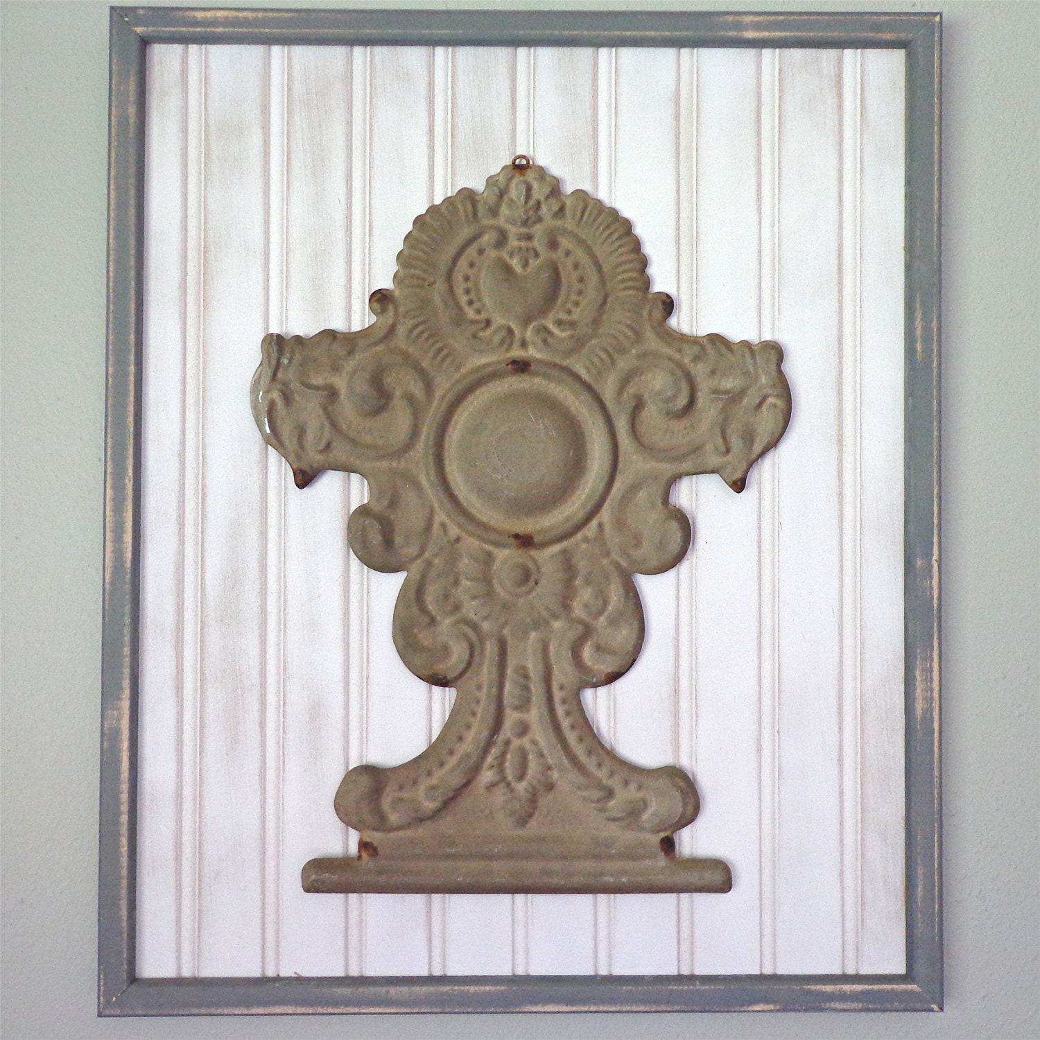 Pressed Tin Design on White Bead Board with Gray Trim Wall Hanging