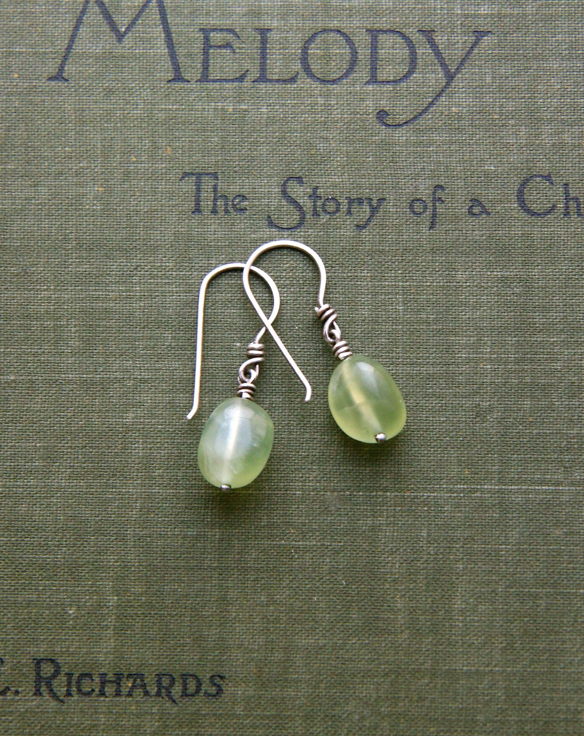 Prehnite Dangle Earrings in Reclaimed Silver-"Droplet Earrings in Sprout"
