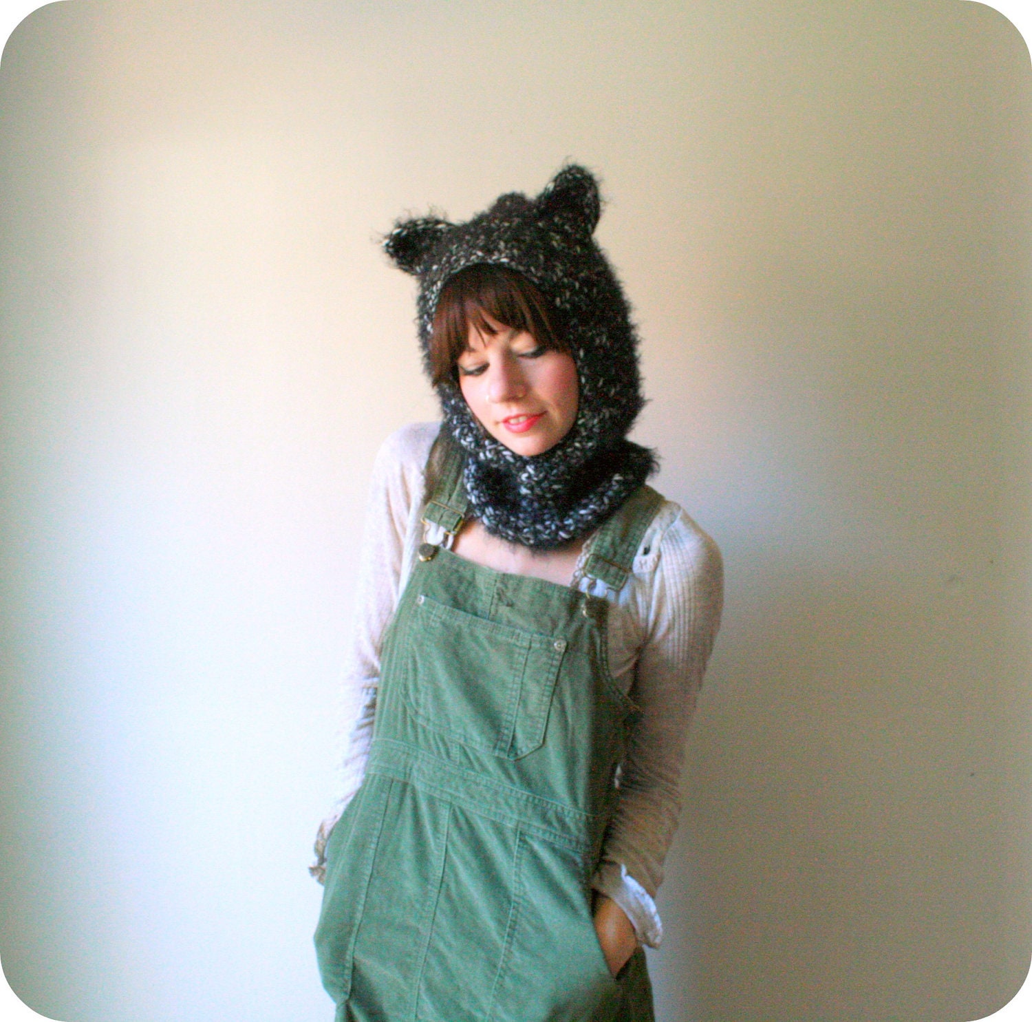 black friday cyber monday sale. black wolf hood. hooded cowl with animal ears in fuzzy mohair. one size.