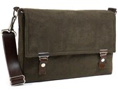 15" Laptop messenger bag with leather strap - dark brown herringbone