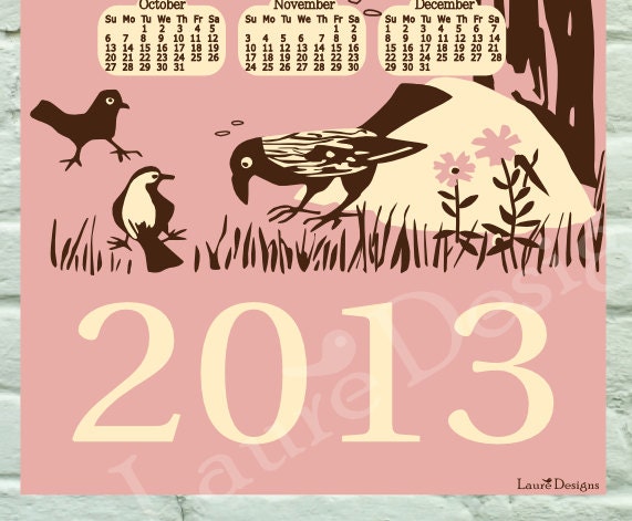 2013 Bird Calendar - Pink - 11x17 - lauredesigns