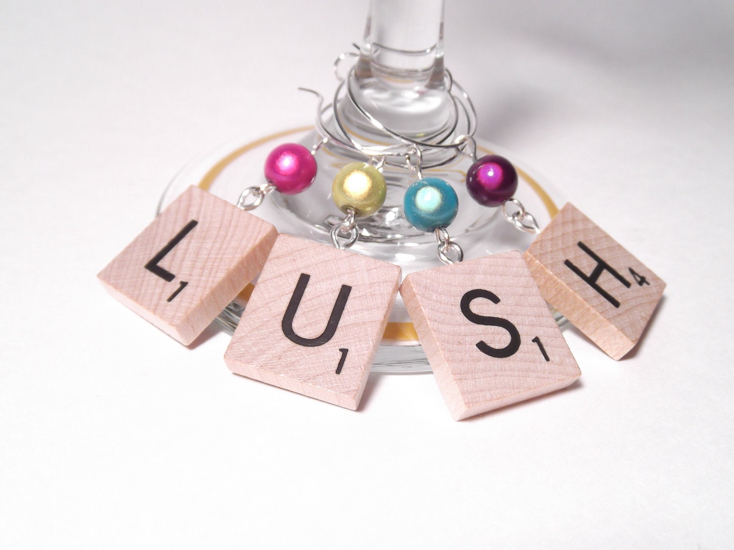 LUSH Wine Glass Markers Scrabble Tiles Drink Charms Jewelry Set of 4 Or Customize Your Letters & Colors Silvertone Rings miracle beads