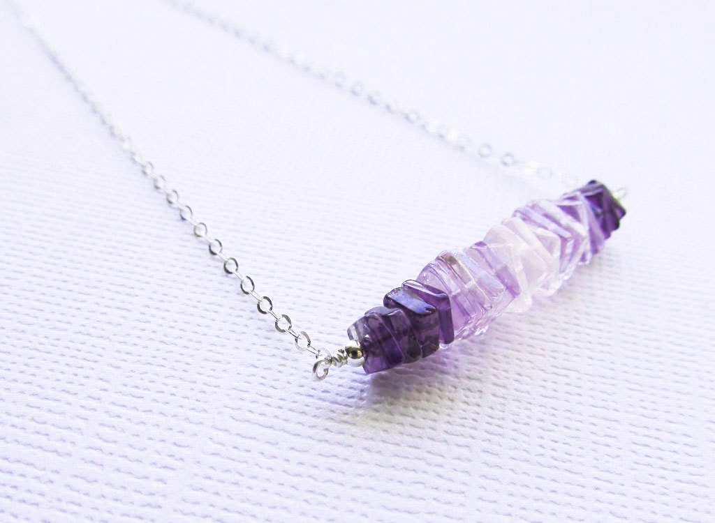 Sterling Silver Gemstone Necklace with Rose Quartz, Pink Amethyst, and Purple Amethyst Square Heishe Discs