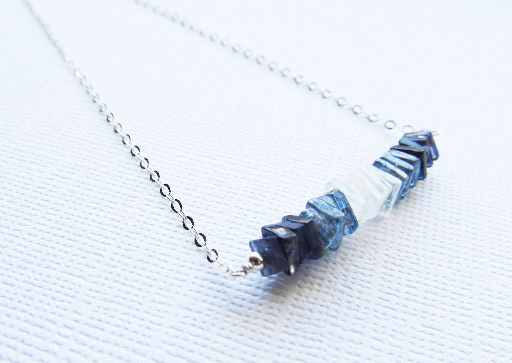 Sterling Silver Gemstone Necklace with White Rainbow Moonstone, Blue Quartz, and Dark Blue Iolite Square Heishe Discs
