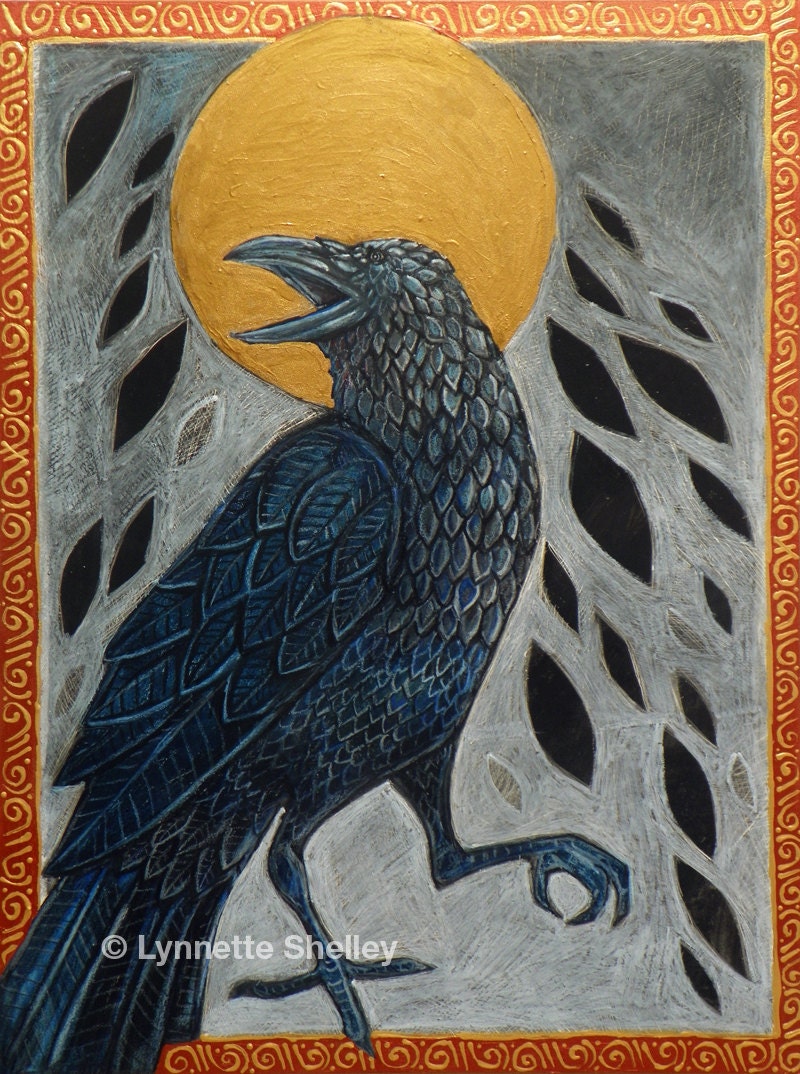Raven, Crow, Celtic Bird Animal Halloween Art by Lynnette Shelley