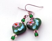 Kelly Green Lampwork Hearts, Vintage Crystal and Silver Beaded Shortie Earrings / Made for Sensitive Ears