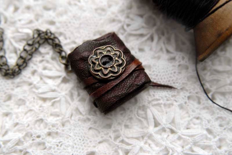 The Flower Garden - Miniature Wearable Book, Handbound, Soft Brown Leather, Tea-Stained Pages, Small Vintage Button, OOAK
