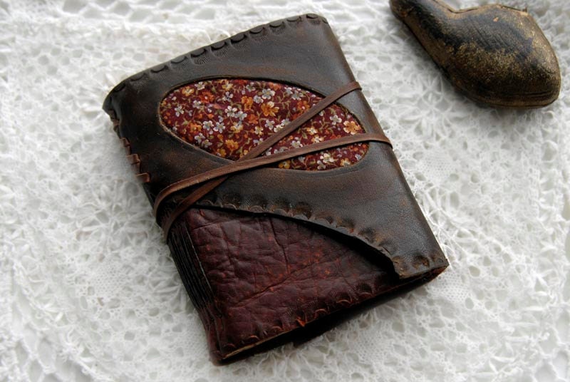 Gypsy Tales - Rustic Handbound Leather Journal, Two-Toned, Dark Brown, Burgundy, Tea Stained Pages, Floral Fabric Patch, OOAK