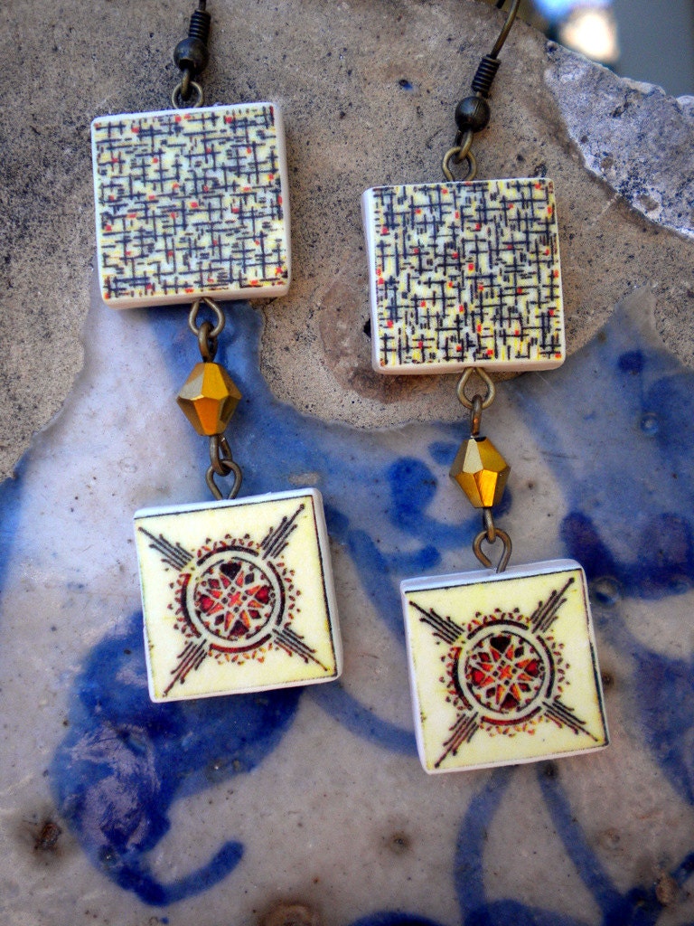 Portugal  Antique Tile Replica Earrings,  Aveiro ART DECO - waterproof and reversible