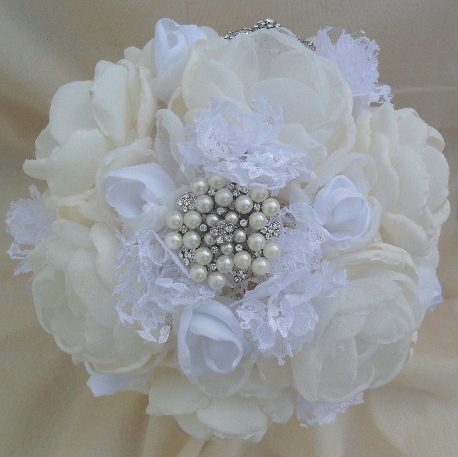 Large vintage fabric bouquet - ivory, cream and white and loaded with crystals lace and brooches