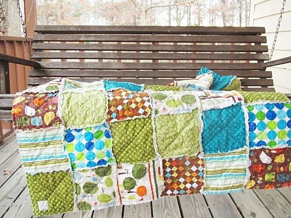Picnic Quilt Throw, Rag, Little Boy Owl, ALL NATURAL, fresh modern handmade, READY to ship