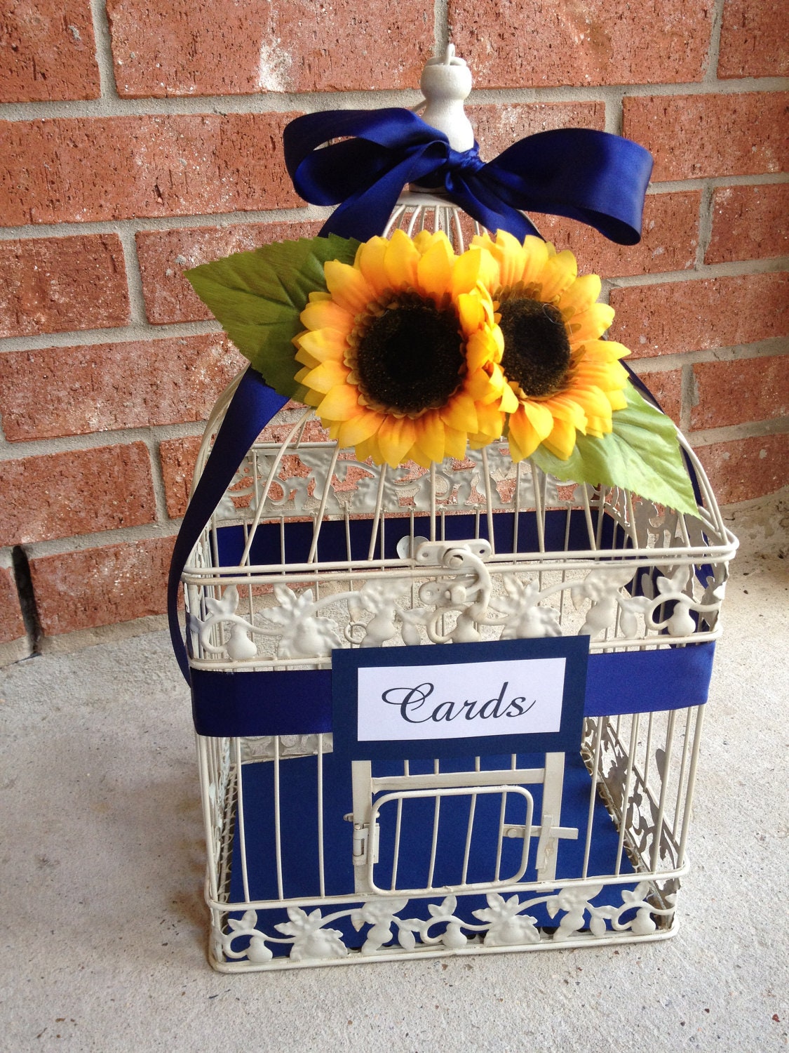 LARGE Custom Bird Cage Wedding Card Holder - Navy & Sunflowers (Customizable To Match Your Wedding Colors)