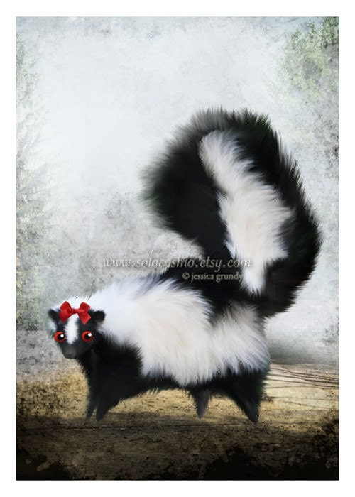 5x7 Premium Art Print "Ms. Skunk on Her Own" Small Size Giclee Print of Original Artwork - Black and White Lady Skunk in the Woods