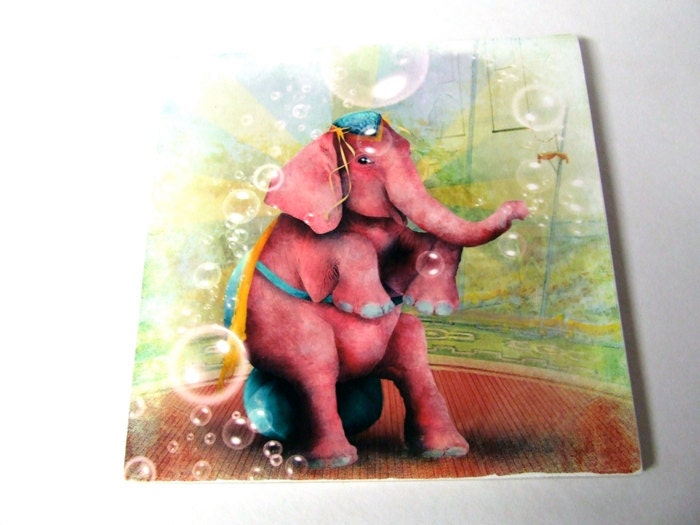 Wood Mounted Print - 'Senora Beatriz el elefante rosa' - 7x7 ready to hang Mounted Giclee Art Print - Pink Circus Elephant