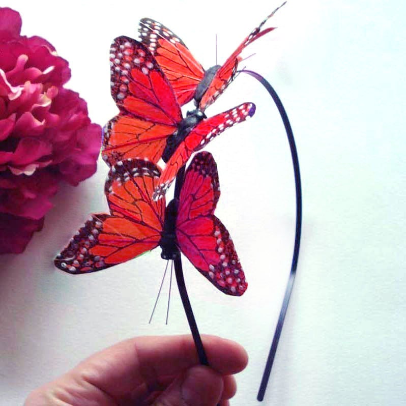 MEGAN - three orange butterflies headband  - bohemian hair accessory