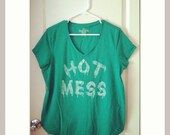 Hot Mess Maternity t shirt hand stenciled green and white size L